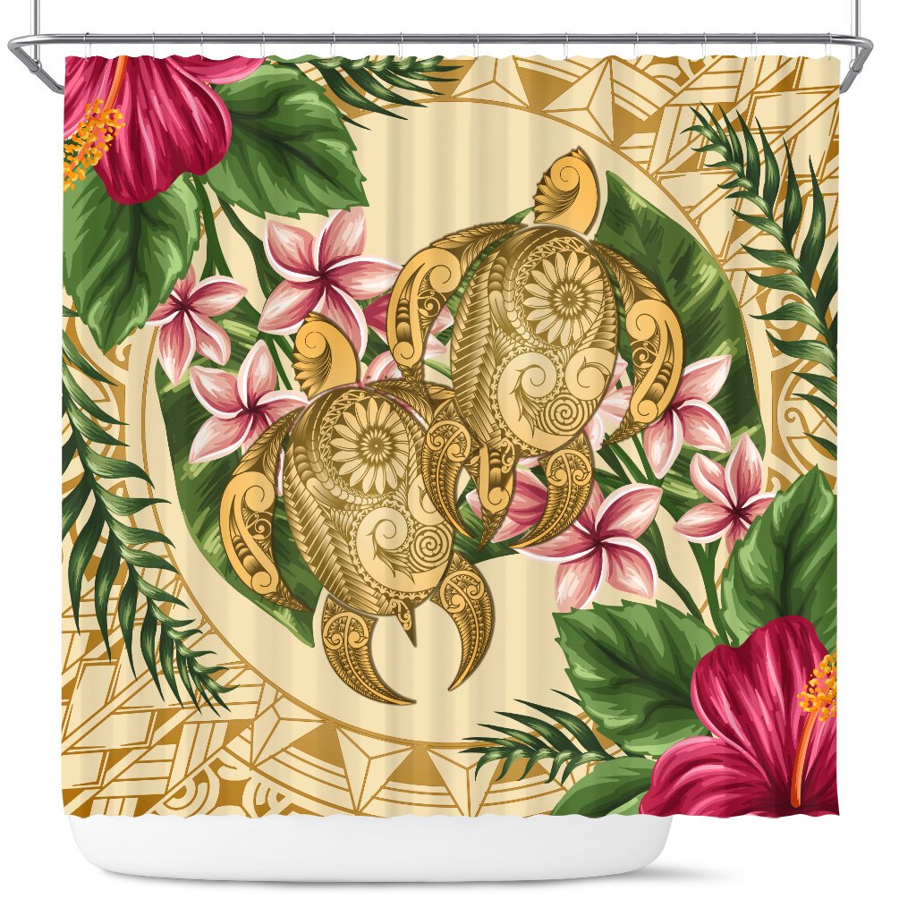 hawaiiShower Curtain - Turtle Shower Curtain Strong Pattern Hibiscus Plumeria AH 177 x 172 (cm) Gold - Polynesian Pride