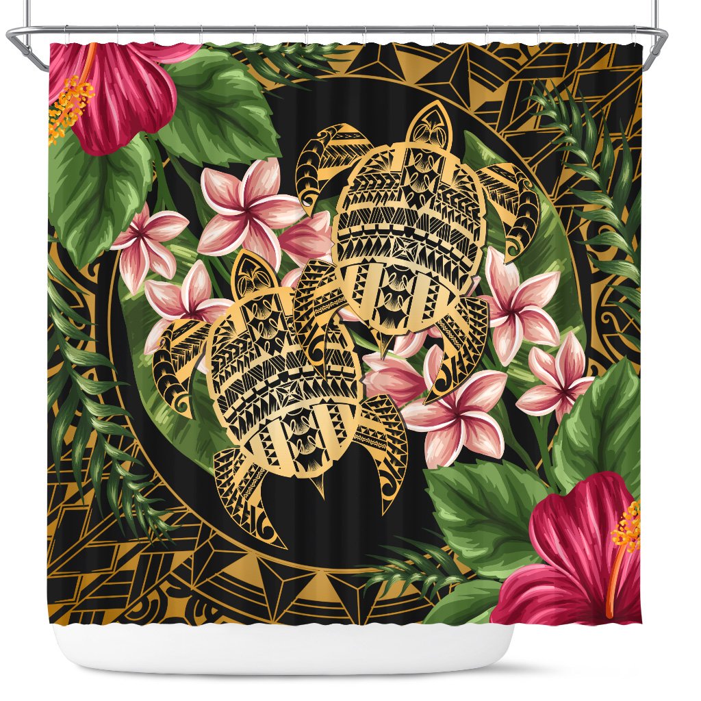 hawaiiShower Curtain - Turtle Strong Pattern Hibiscus Plumeria Art AH 177 x 172 (cm) Black - Polynesian Pride