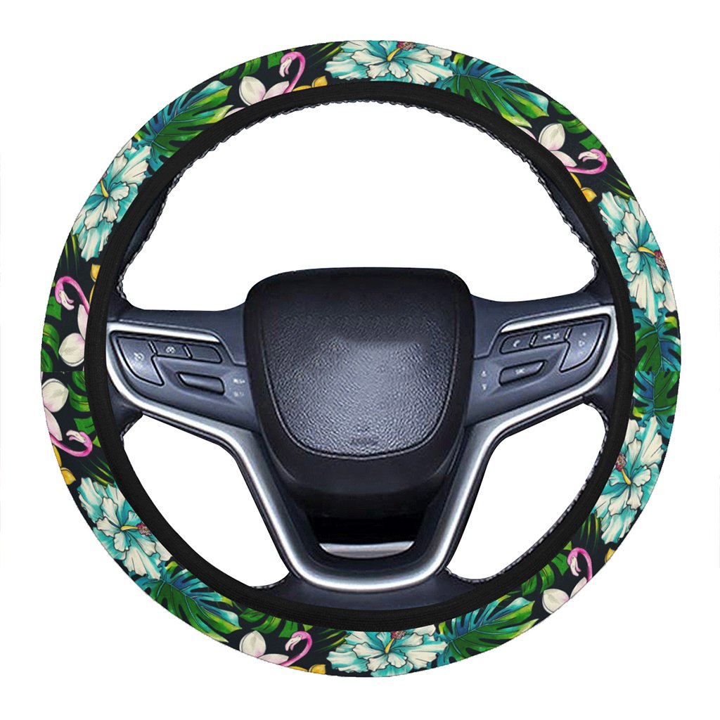 Animals And Tropical Flowers Hawaii Universal Steering Wheel Cover with Elastic Edge One Size Blue Steering Wheel Cover - Polynesian Pride