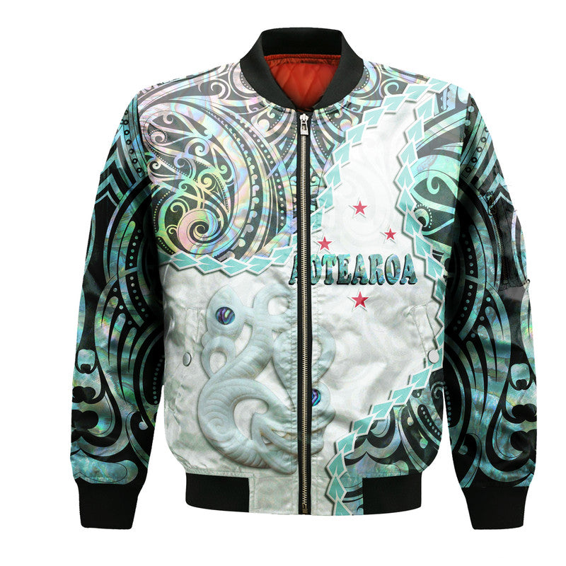 New Zealand Maori Bomber Jacket Aotearoa Manaia Basic Paua Shell - Heare Ra LT9 Unisex White - Polynesian Pride