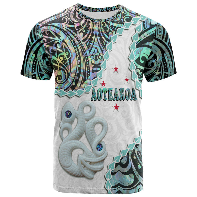 New Zealand Maori T Shirt Aotearoa Manaia Basic Paua Shell Heare Ra LT9 Adult White - Polynesian Pride