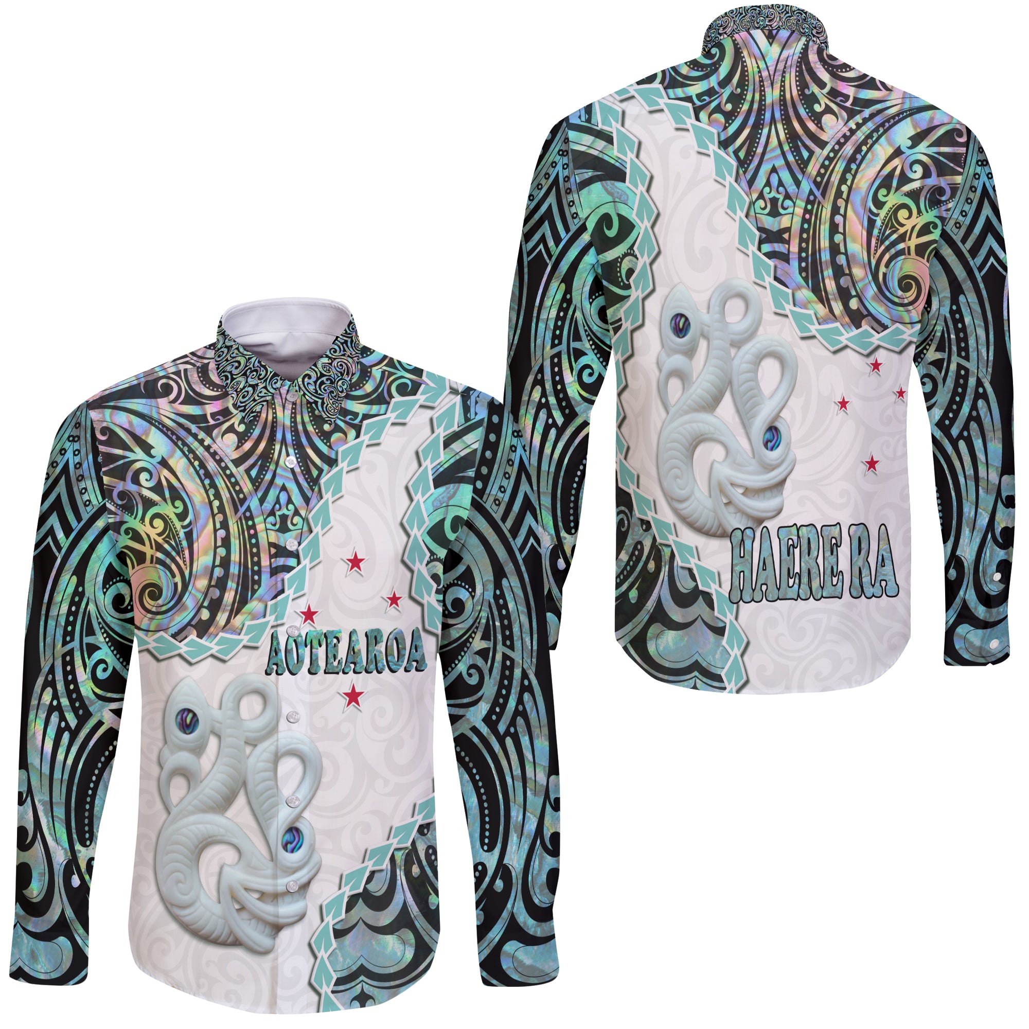 New Zealand Maori Hawaii Long Sleeve Button Shirt Aotearoa Manaia Basic Paua Shell - Heare Ra LT9 Unisex White - Polynesian Pride