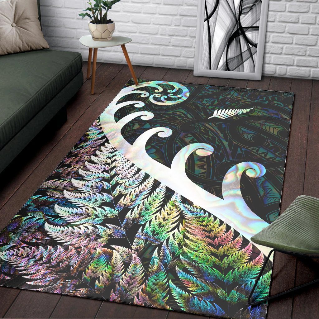 New Zealand Rugby Maori Area Rug Silver Fern Koru Vibes - Paua Shell LT8 Green - Polynesian Pride