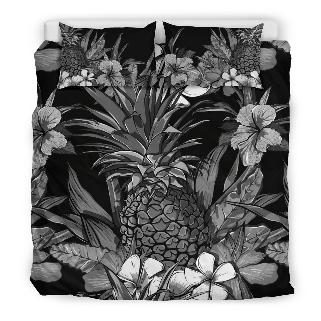 Hawaiian Duvet Cover Set - Hibiscus And Pineapple In BW Style Beige - Polynesian Pride