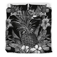 Hawaiian Duvet Cover Set - Hibiscus And Pineapple In BW Style Beige - Polynesian Pride