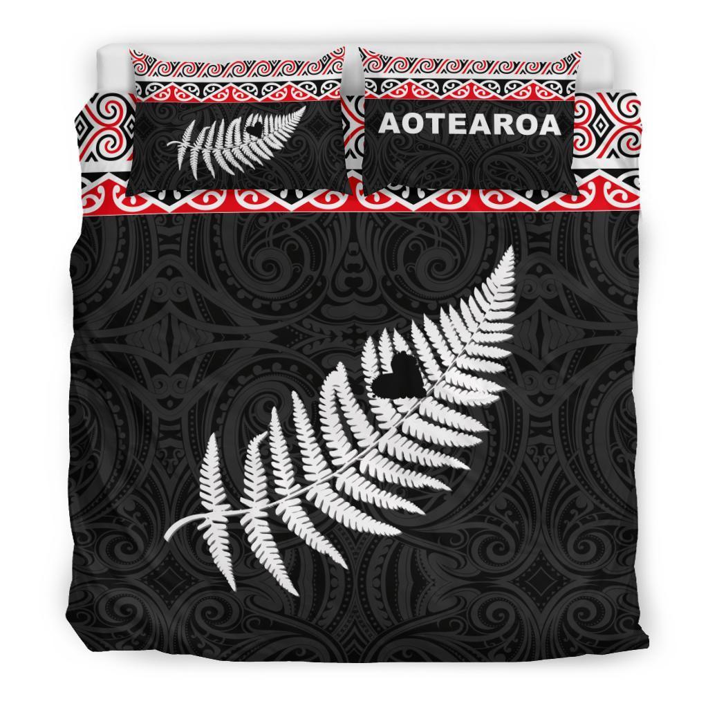 New Zealand Maori Bedding Set, Aotearoa Silver Fern Duvet Cover And Pillow Case Black - Polynesian Pride