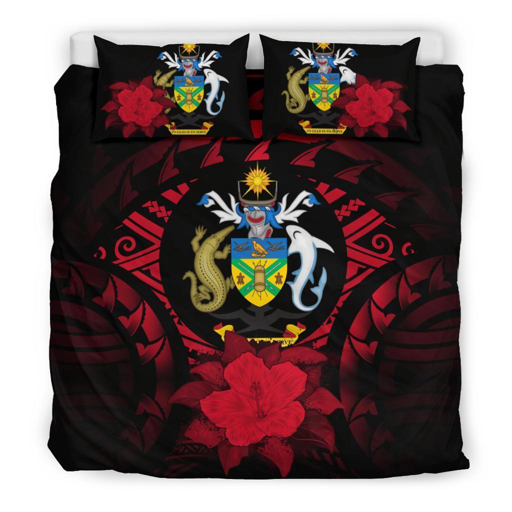 Solomon Island Duvet Cover Set - Solomon Island Coat Of Arms & Red Hibiscus Red - Polynesian Pride