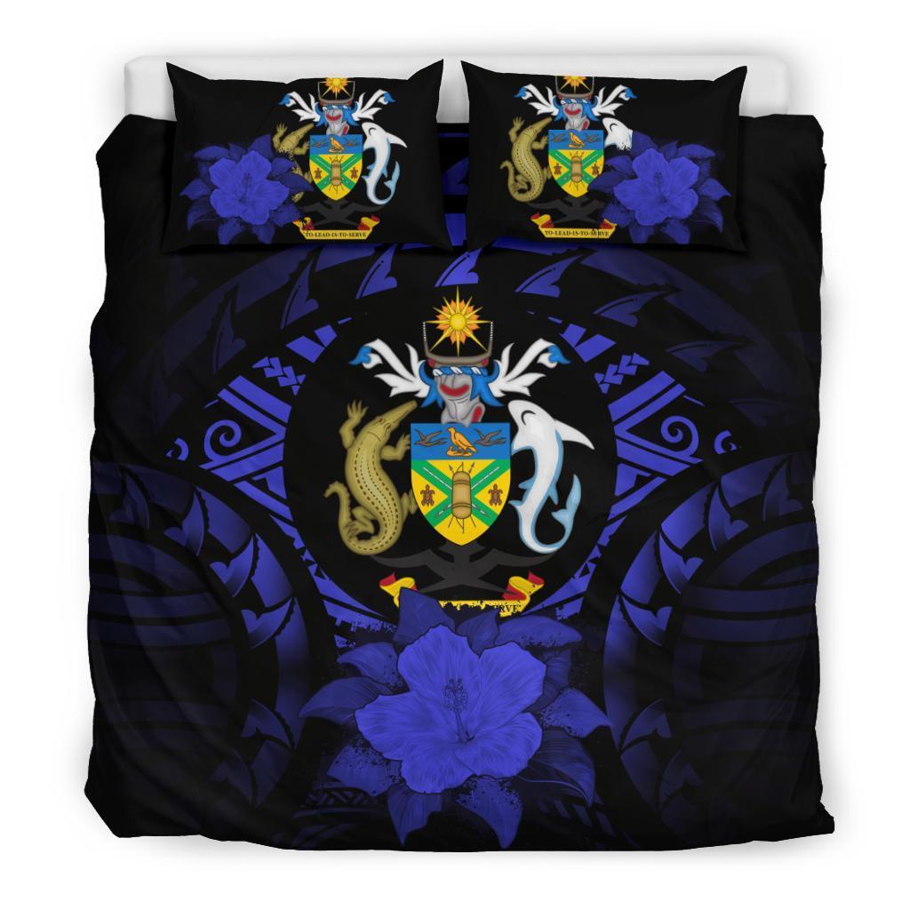 Solomon Island Duvet Cover Set - Solomon Island Coat Of Arms & Reggae Hibiscus Blue - Polynesian Pride
