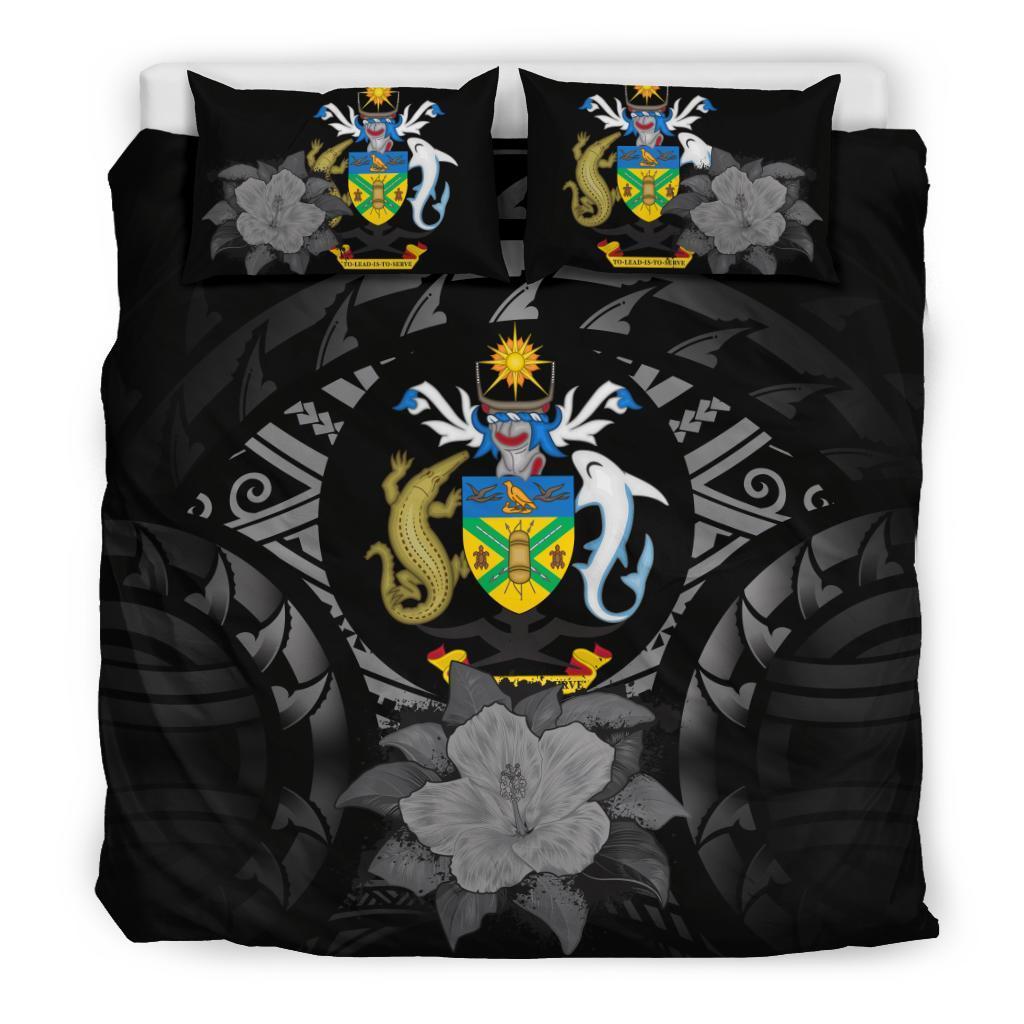Solomon Island Duvet Cover Set - Solomon Island Coat Of Arms & Gray Hibiscus Gray - Polynesian Pride