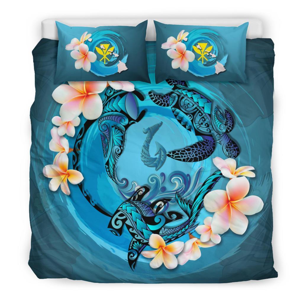 Polynesian Duvet Cover Set - Hawaii Bedding Set Blue Plumeria Animal Turtle Tattoo Blue - Polynesian Pride