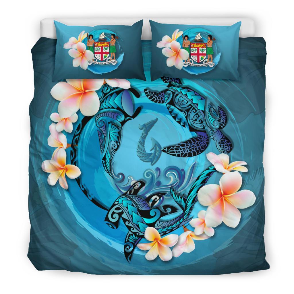 Polynesian Duvet Cover Set - Fiji Bedding Set Blue Plumeria Animal Tattoo Blue - Polynesian Pride