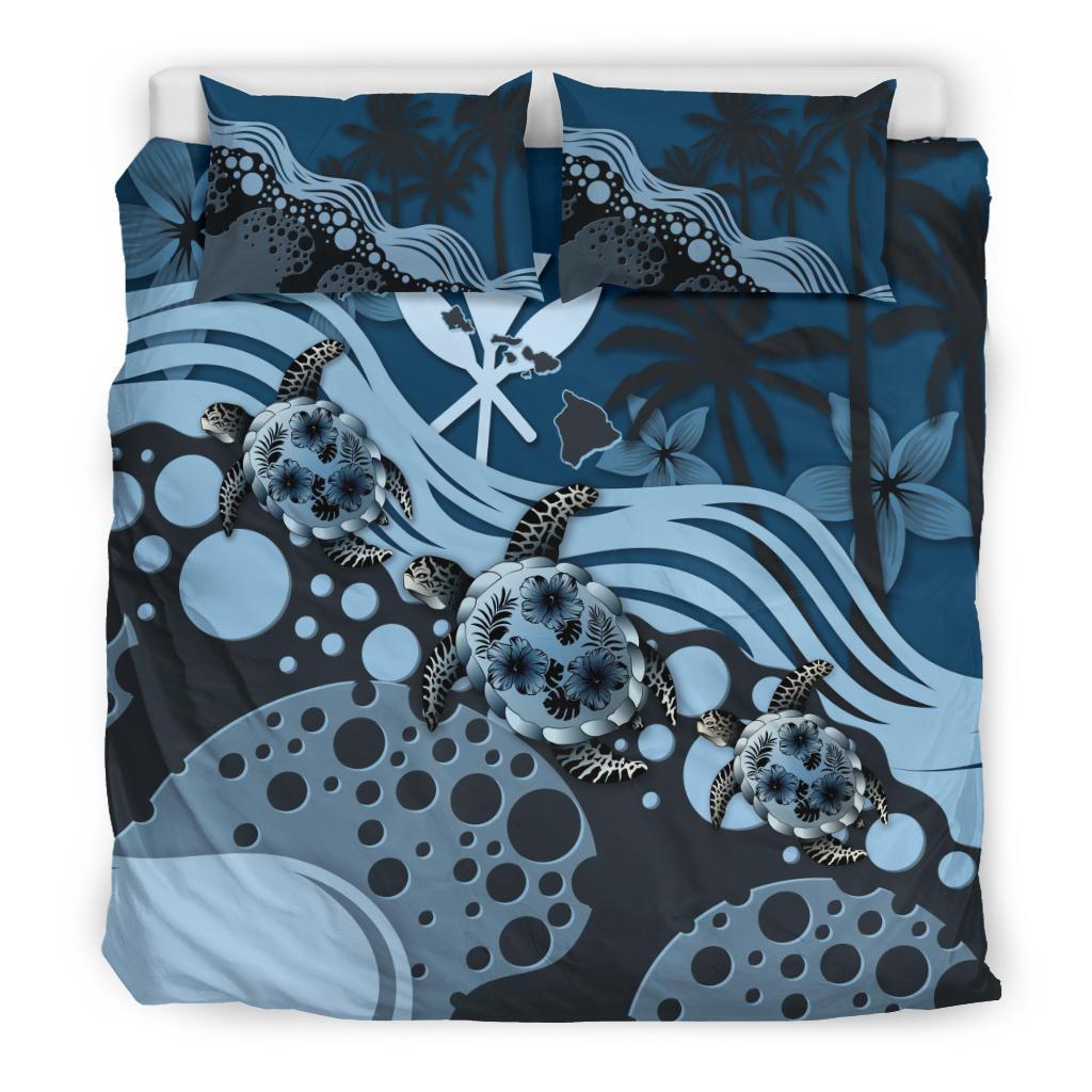 Polynesian Duvet Cover Set - Hawaii Bedding Set Dark Blue Turtle Hibiscus Blue - Polynesian Pride