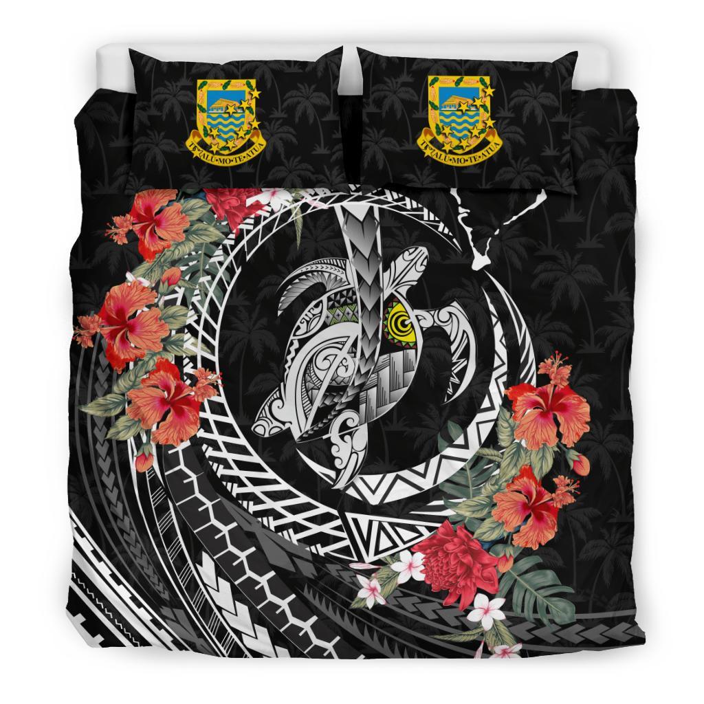 Polynesian Duvet Cover Set - Tuvalu Bedding Set Polynesia Map Turtle Hibiscus Black - Polynesian Pride