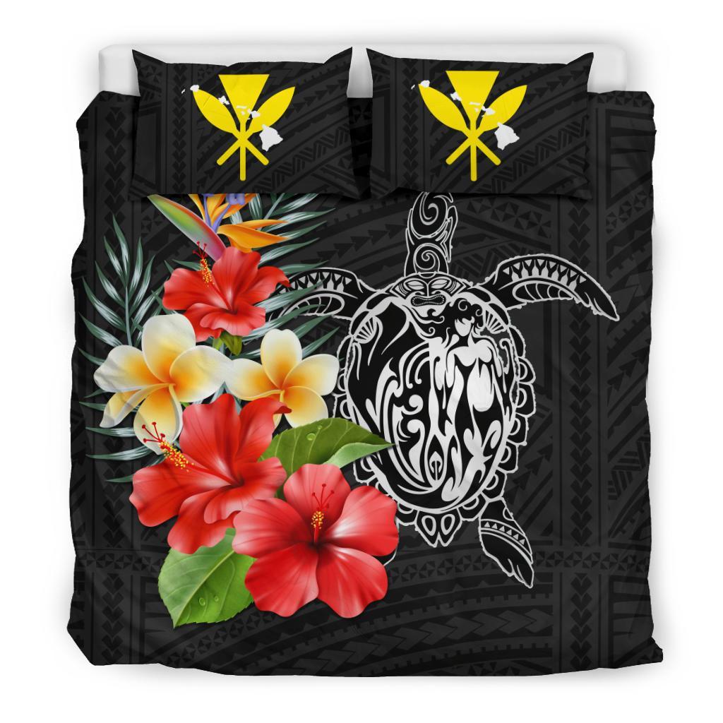 Polynesian Duvet Cover Set - Hawaii Bedding Set Polynesia Turtle Hibiscus And Plumeria Black - Polynesian Pride