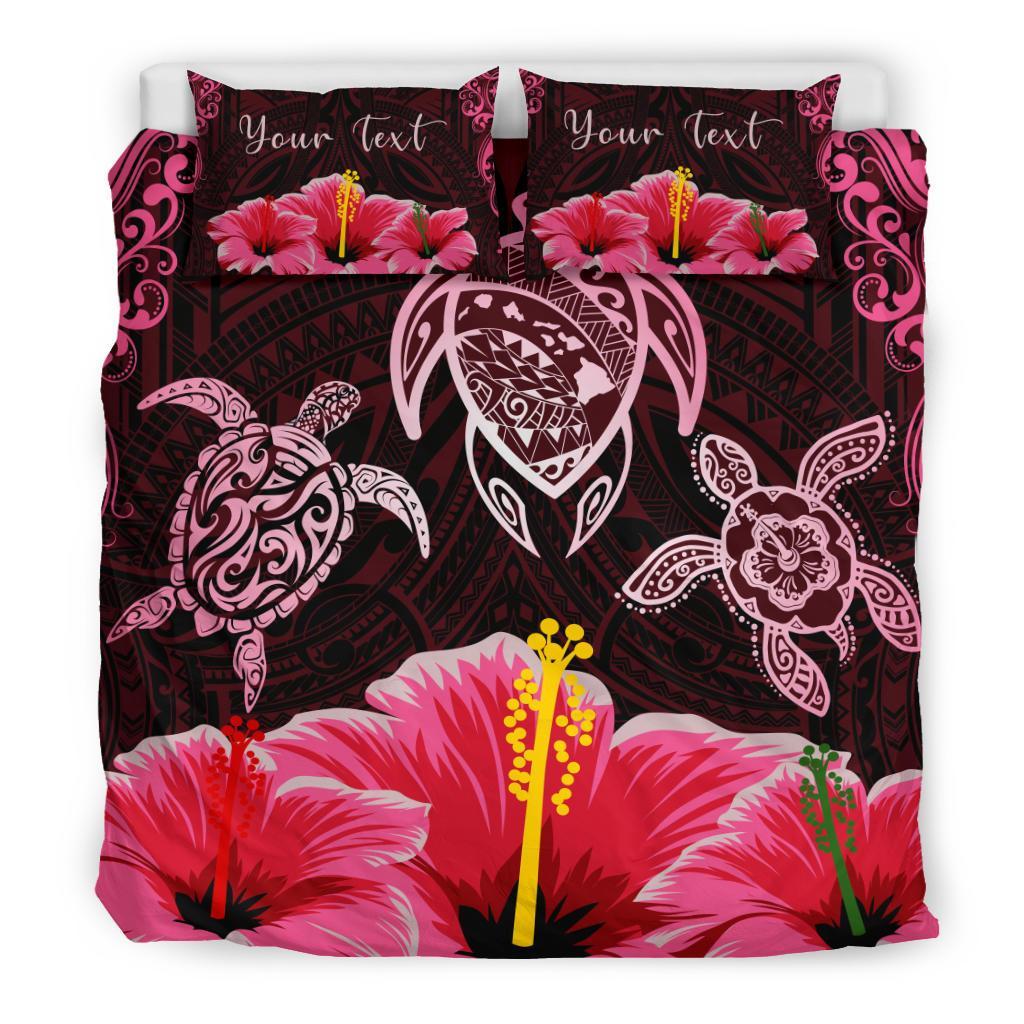 Personalized - Hawaii Map Turtle Hibiscus Polynesian Luxury Bedding Set - Honu Ohana - Pink Pink - Polynesian Pride