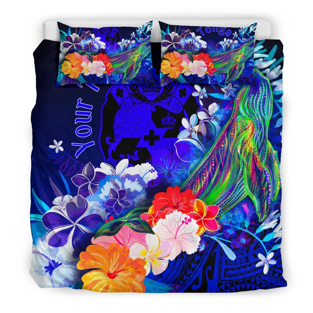 Tonga Custom Personalised Bedding Set - Humpback Whale with Tropical Flowers (Blue) Blue - Polynesian Pride