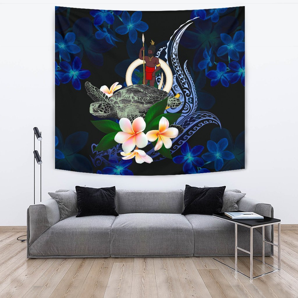 Vanuatu Polynesian Tapestry - Turtle With Plumeria Flowers One Style Large 104" x 88" Blue - Polynesian Pride