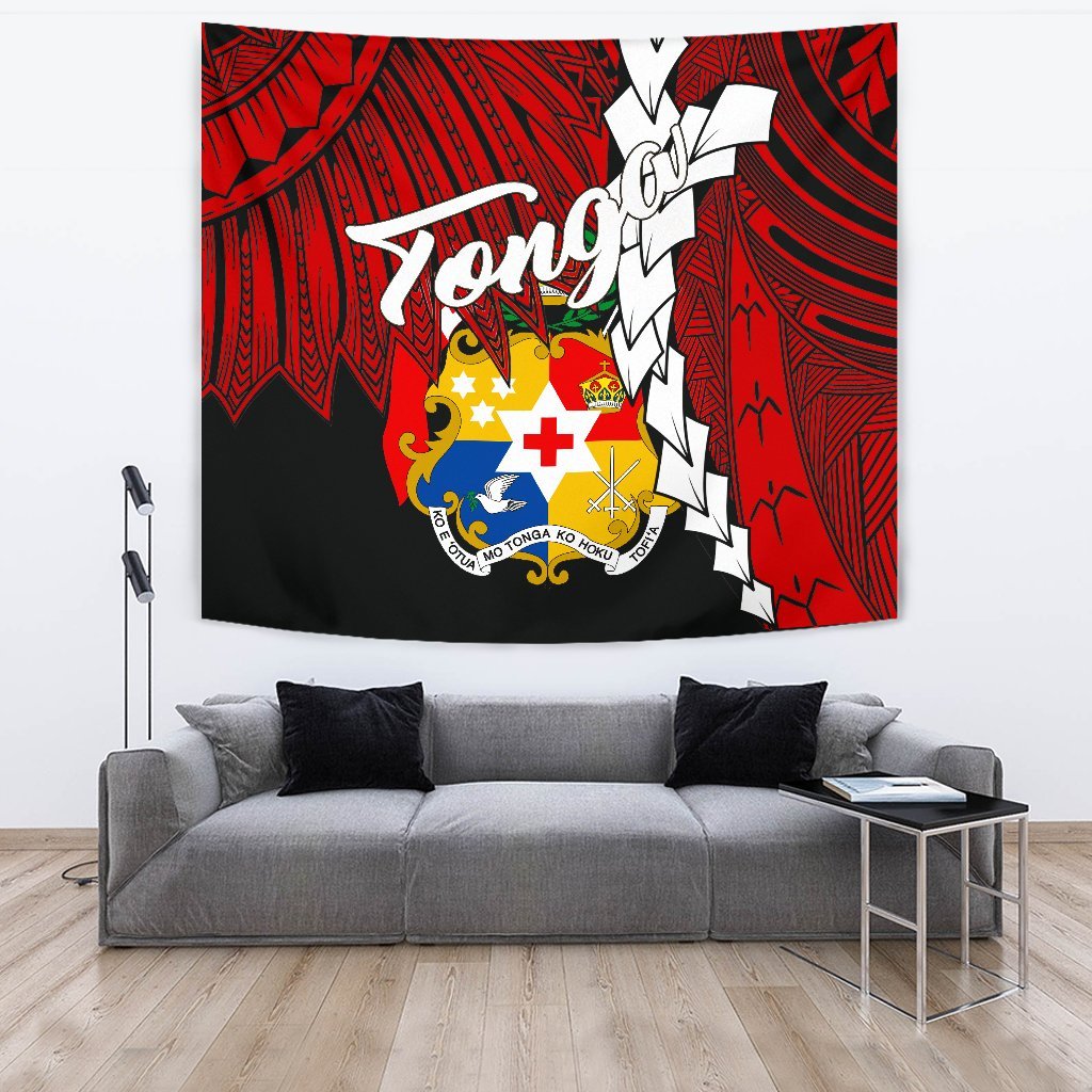 Tonga Polynesian Tapestry - Tribal Wave Tattoo Flag Color One Style Large 104" x 88" Red - Polynesian Pride