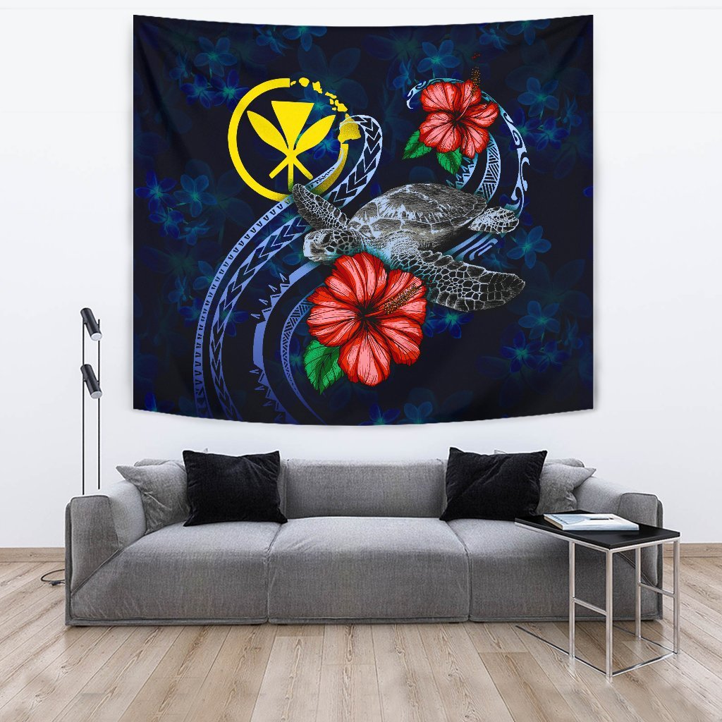 Hawaii Polynesian Tapestry - Blue Turtle Hibiscus One Style Large 104" x 88" Blue - Polynesian Pride