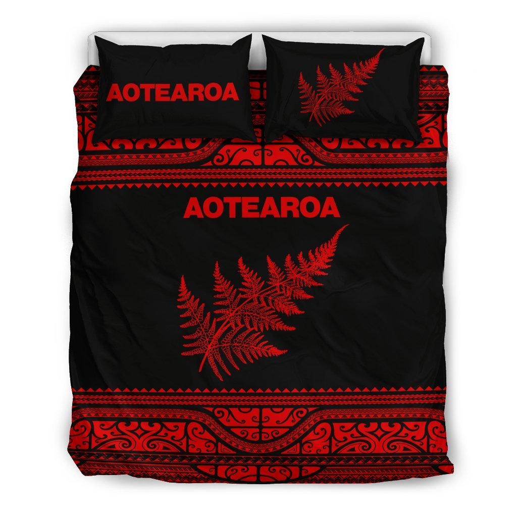 Aotearoa New Zealand Maori Bedding Set Silver Fern - Red Black - Polynesian Pride