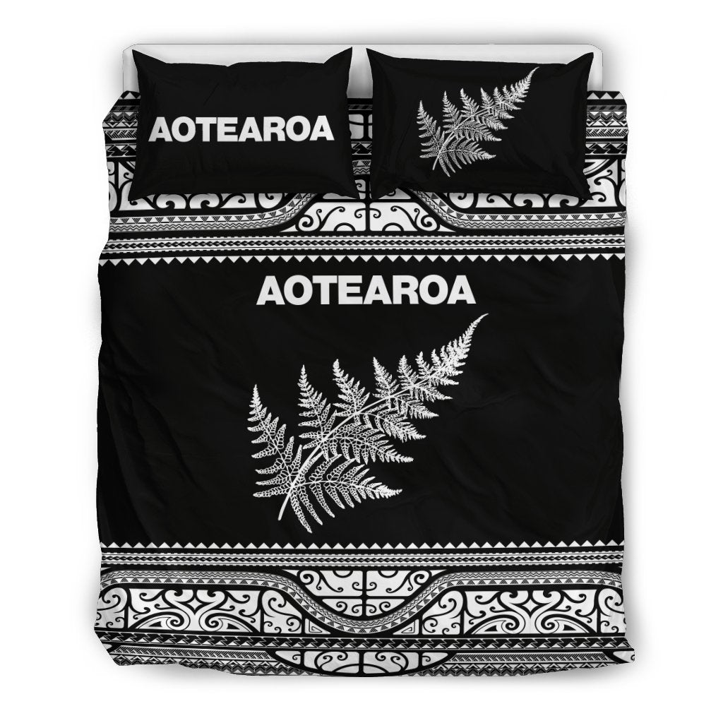 Aotearoa New Zealand Maori Bedding Set Silver Fern - White Black - Polynesian Pride
