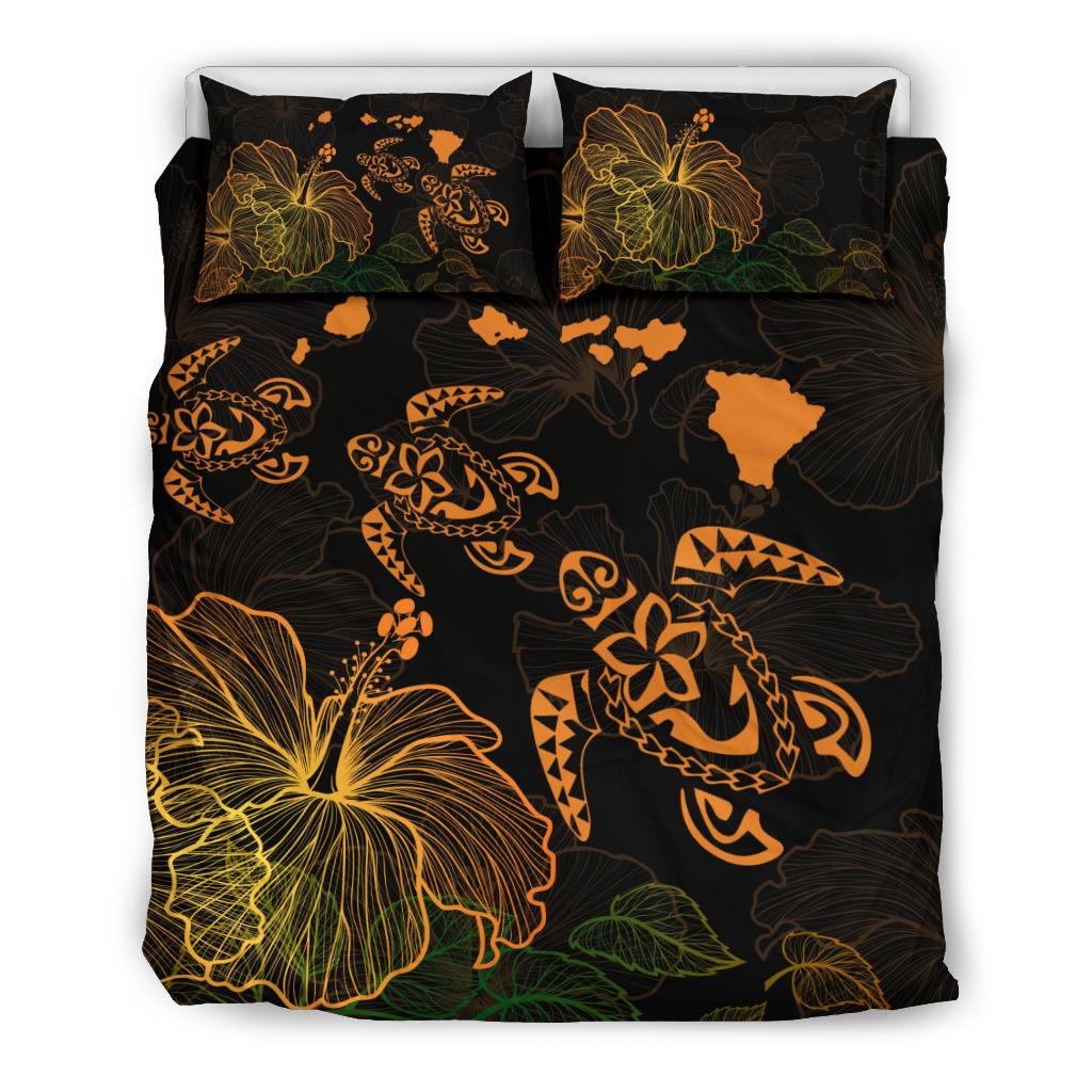 Hawaiian Map Turtle Hibiscus Bedding Set Gold - Polynesian Pride