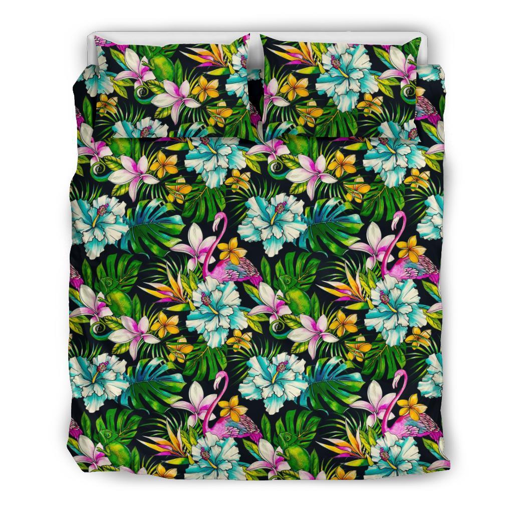 Hawaiian Hibiscus Flomingos And Tropical Flowers Polynesian Bedding Set Black - Polynesian Pride