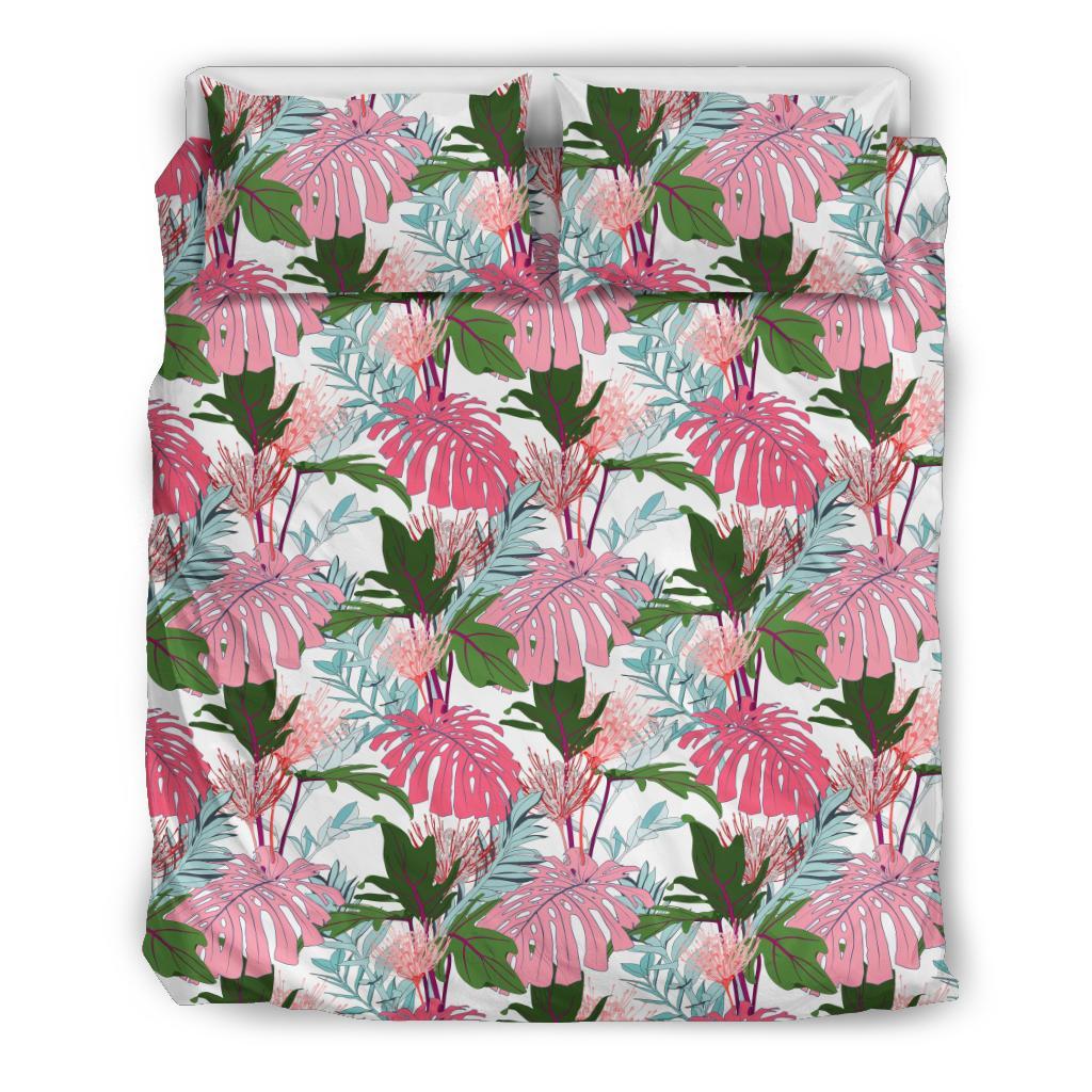 Hawaiian Pink Monstera And Green Tropical Leaves Pattern Polynesian Bedding Set Black - Polynesian Pride