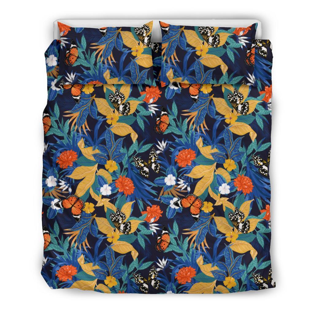 Hawaiian Tropical Buttterfly Leaves And Strelitzia Flower Polynesian Bedding Set Black - Polynesian Pride