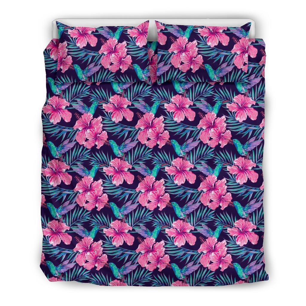 Hawaiian Tropical Hibiscus Flowers Hummingbirds Palm Leaves Polynesian Bedding Set Black - Polynesian Pride