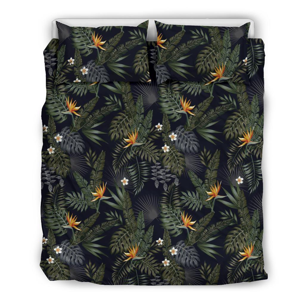 Hawaiian Tropical Strelitzia Monstera Palm Leaves And Flowers In The Night Polynesian Bedding Set Black - Polynesian Pride