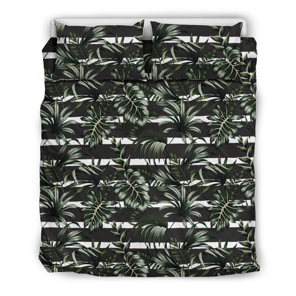 Hawaiian Tropical Monstera Palm Leaves Line Patttern Polynesian Bedding Set Black - Polynesian Pride