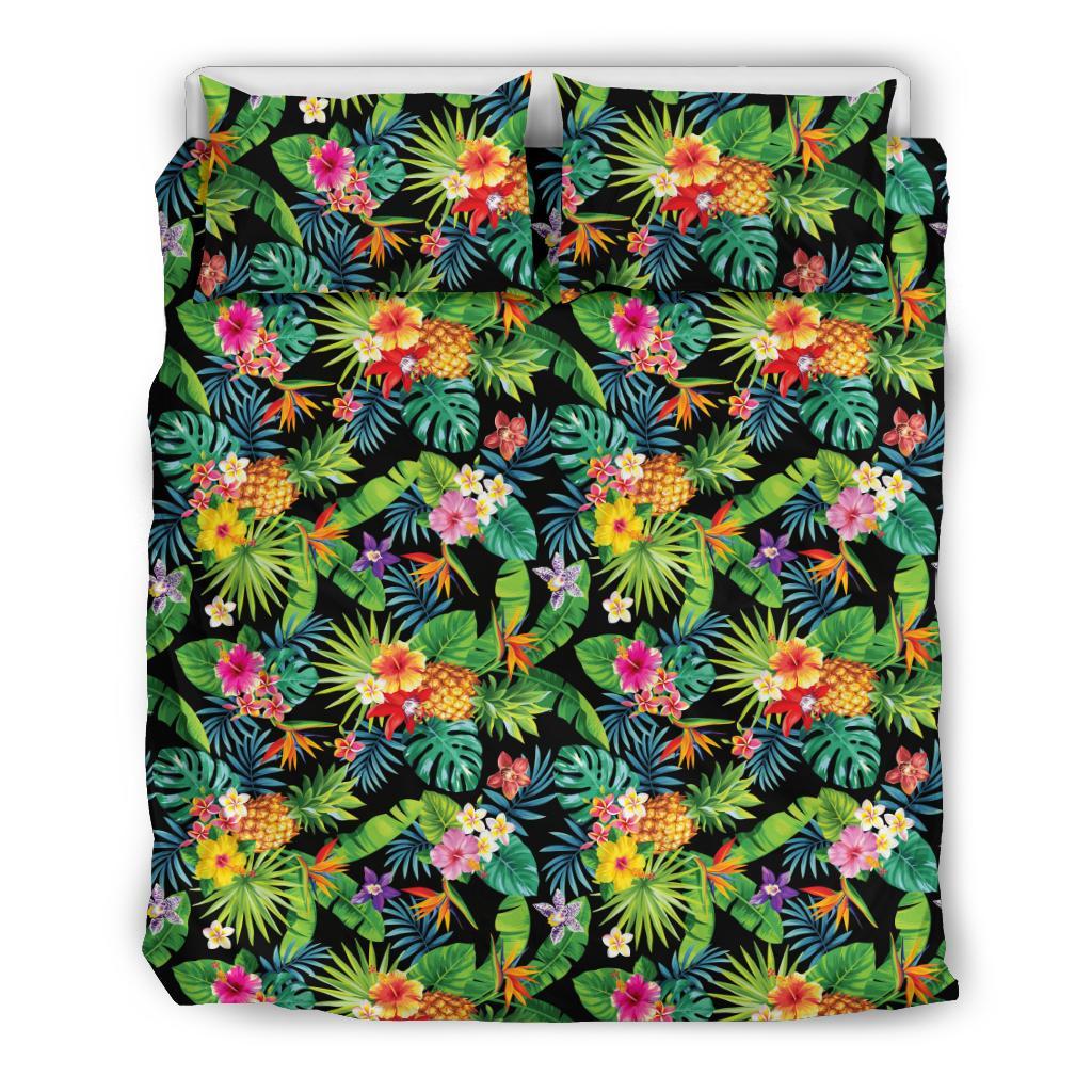 Hawaiian Tropical Hibiscus Plumeria Pineapples, Palm Leaves Strelitzia Polynesian Bedding Set Black - Polynesian Pride