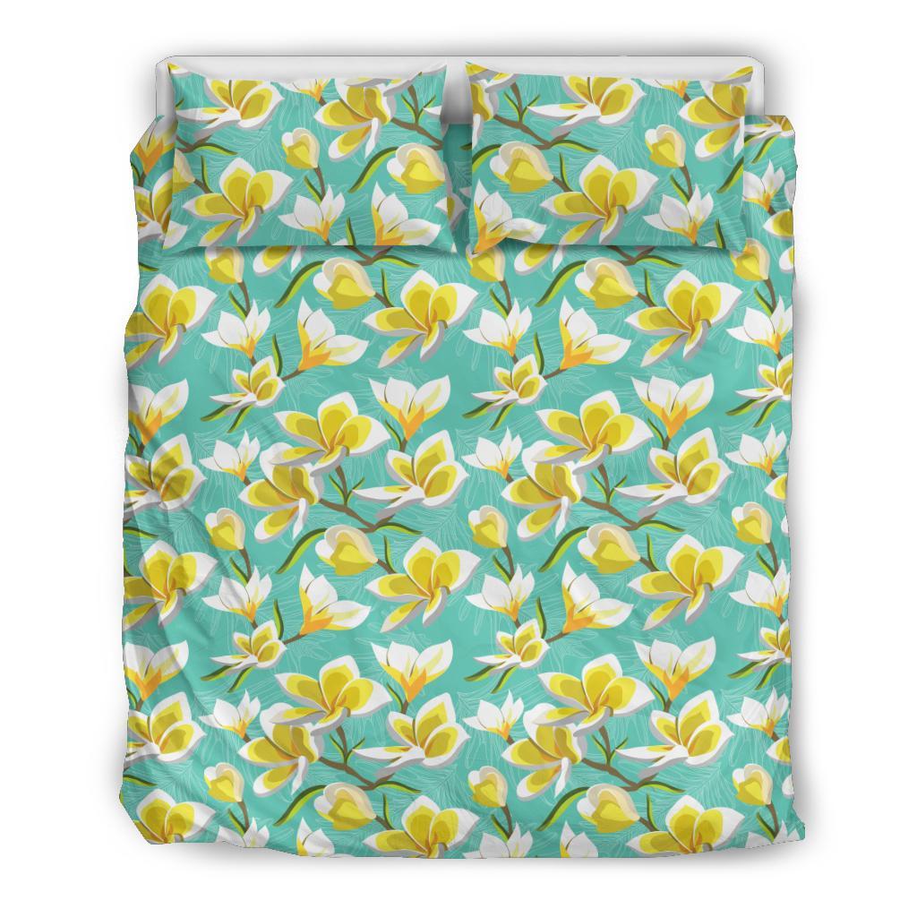 Hawaiian Tropical Plumeria Blue Background Polynesian Bedding Set Black - Polynesian Pride