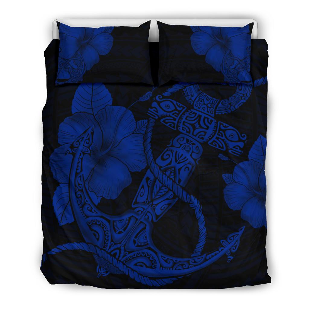 Hawaiian Anchor Poly Tribal Hibiscus Polynesian Bedding Set Blue 3 Pieces Bedding Set Blue - Polynesian Pride