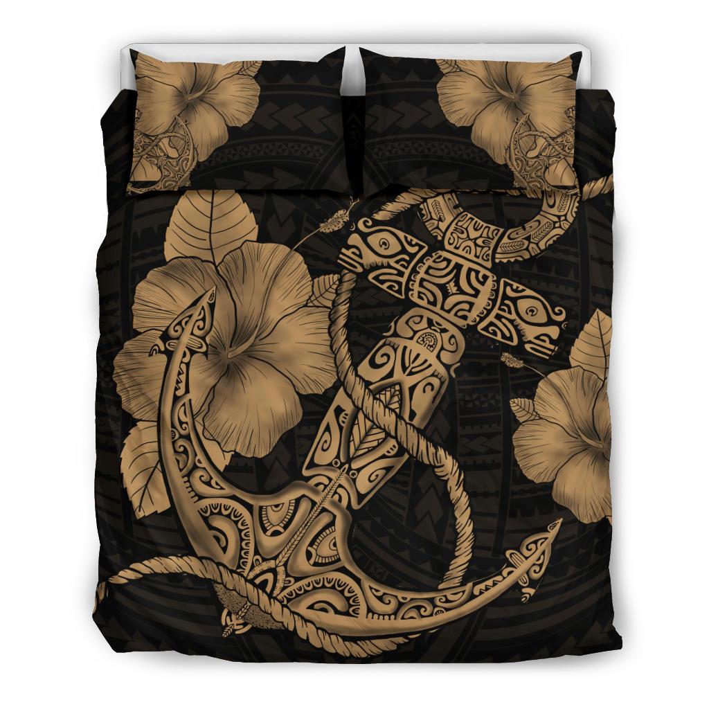 Hawaiian Anchor Poly Tribal Hibiscus Polynesian Bedding Set Gold Gold - Polynesian Pride