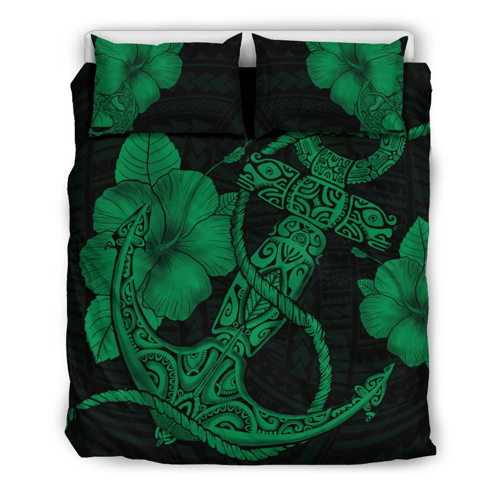 Hawaiian Anchor Poly Tribal Hibiscus Polynesian Bedding Set Green Green - Polynesian Pride