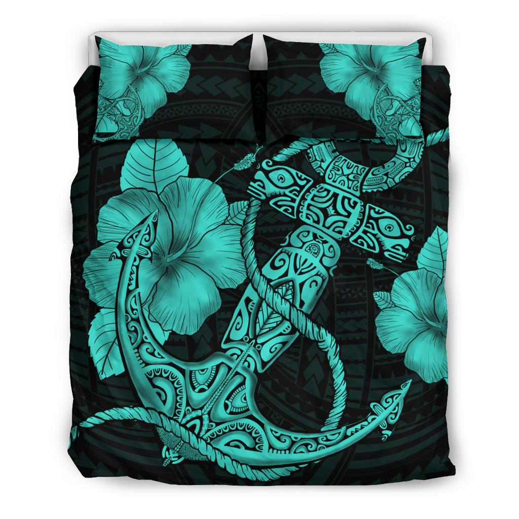 Hawaiian Anchor Poly Tribal Hibiscus Polynesian Bedding Set Turquoise Art - Polynesian Pride