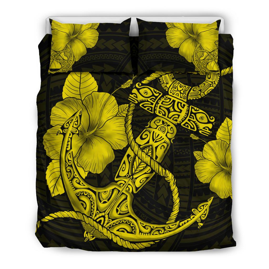 Hawaiian Anchor Poly Tribal Hibiscus Polynesian Bedding Set Yellow Yellow - Polynesian Pride