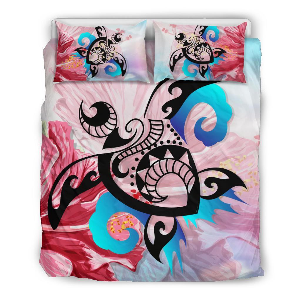 Hawaiian Wave Hibiscus Watercolor Turtle Polynesian Bedding Set White - Polynesian Pride