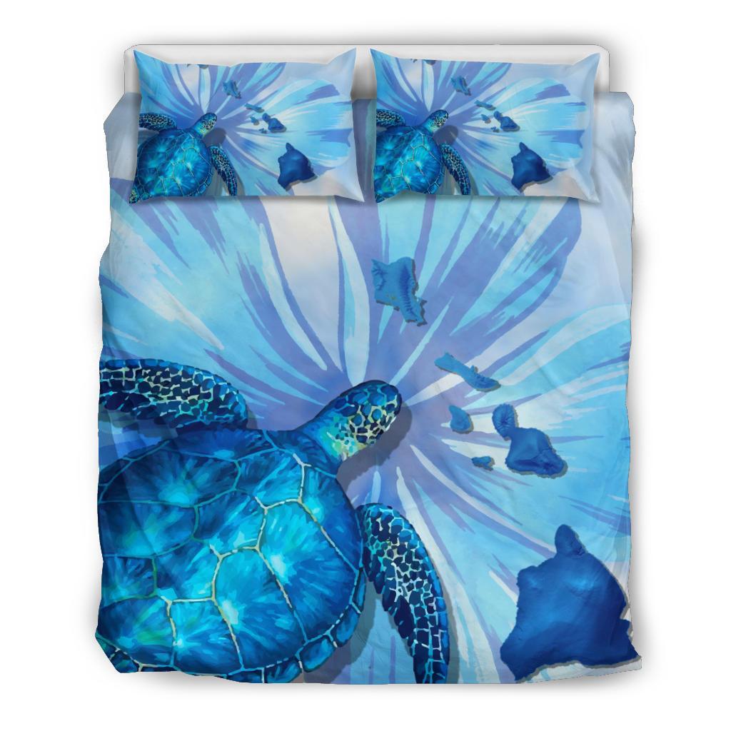 Hawaiian Map Hibiscus Flower Turtle Polynesian Bedding Set Blue White - Polynesian Pride