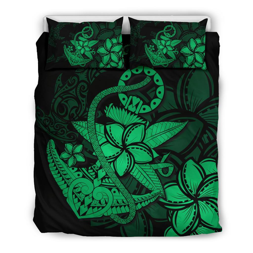 Hawaiian Anchor Plumeria Hamerhead Shark Polynesian Bedding Set - Green Black - Polynesian Pride