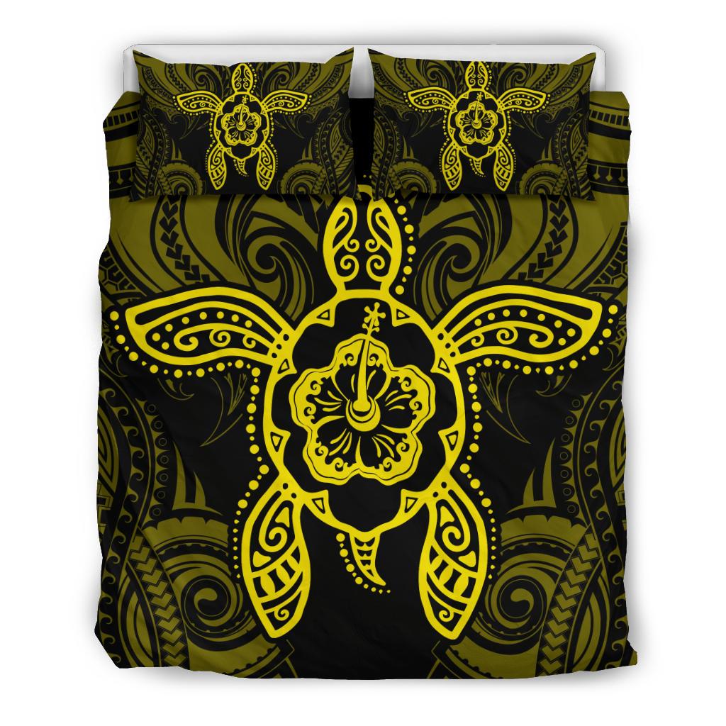 Hawaiian Turtle Hibiscus Polynesian Bedding Set Yellow Black - Polynesian Pride