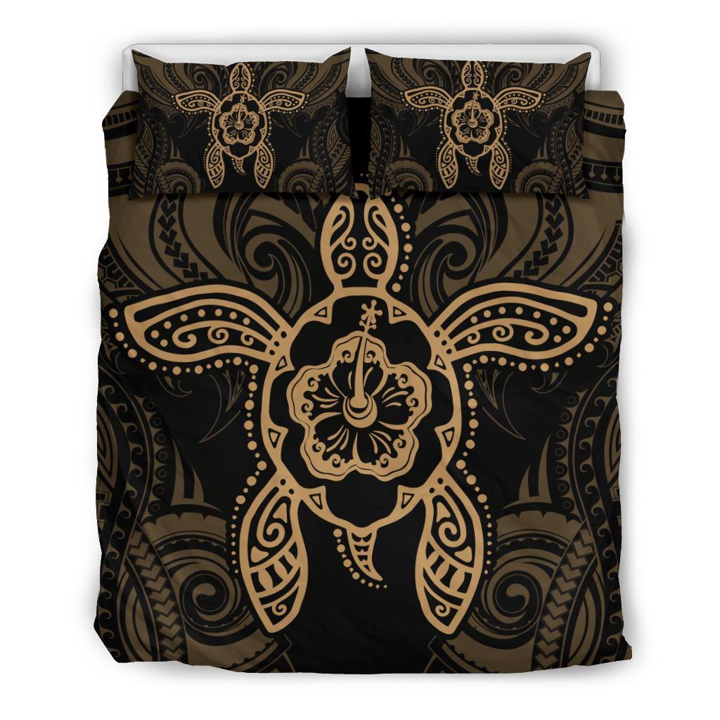 Hawaiian Turtle Hibiscus Polynesian Bedding Set Gold Black - Polynesian Pride