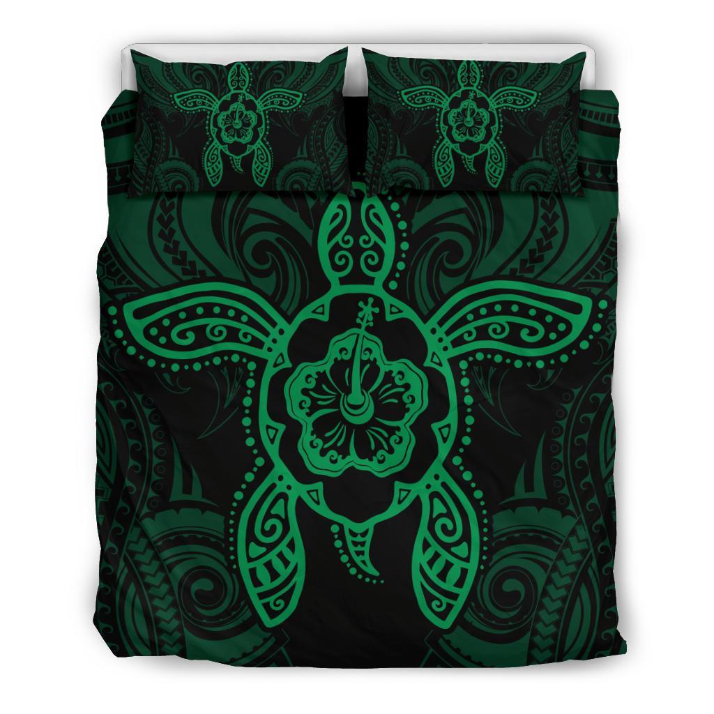 Hawaiian Turtle Hibiscus Polynesian Bedding Set Green Black - Polynesian Pride