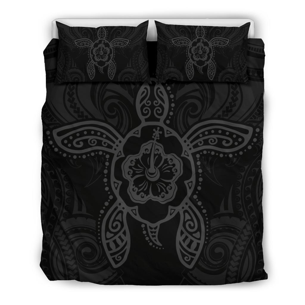 Hawaiian Turtle Hibiscus Polynesian Bedding Set Grey Black - Polynesian Pride