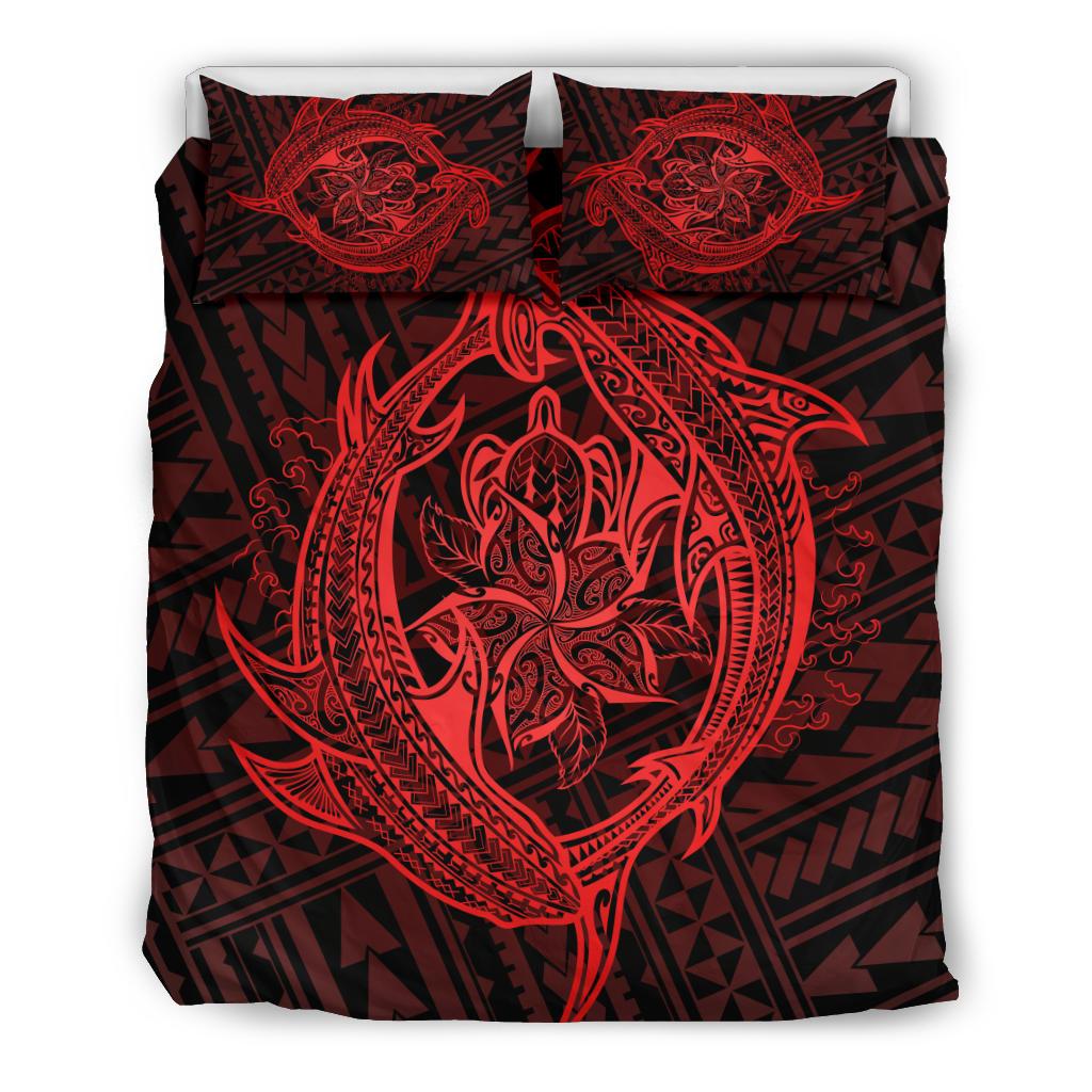 Hawaiian Hamerhead Shark Yin Yang Plumeria Polynesian Bedding Set - Red Red - Polynesian Pride