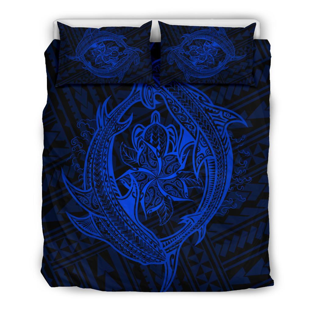 Hawaiian Hamerhead Shark Yin Yang Plumeria Polynesian Bedding Set - Blue Blue - Polynesian Pride