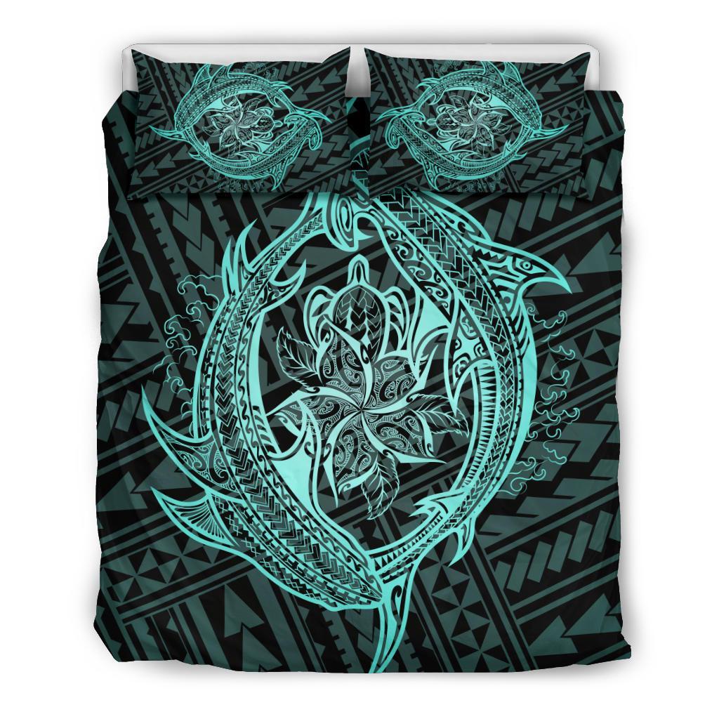 Hawaiian Hammerhead Shark Yin Yang Polynesian Bedding Set - Turquoise Art - Polynesian Pride