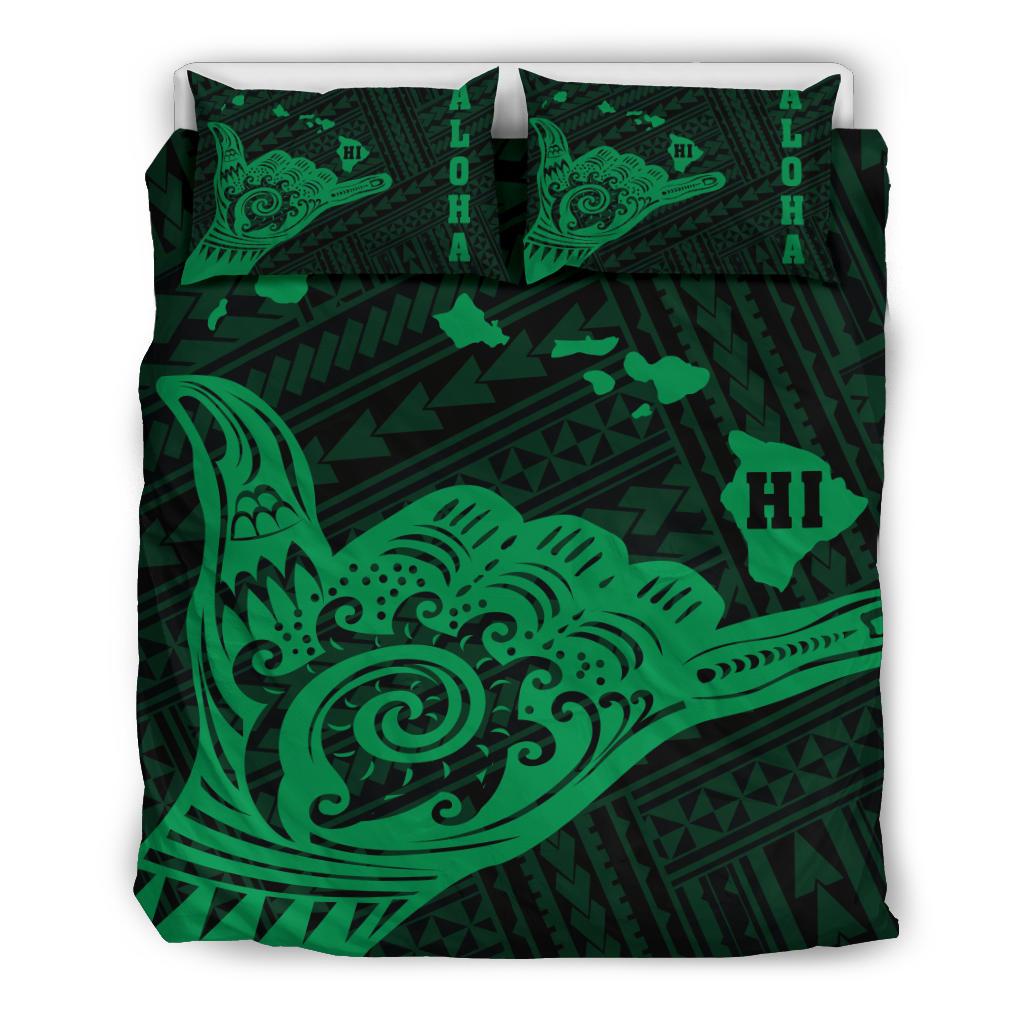 Hawaiian Map Shaka Green Polynesian Bedding Set Green - Polynesian Pride